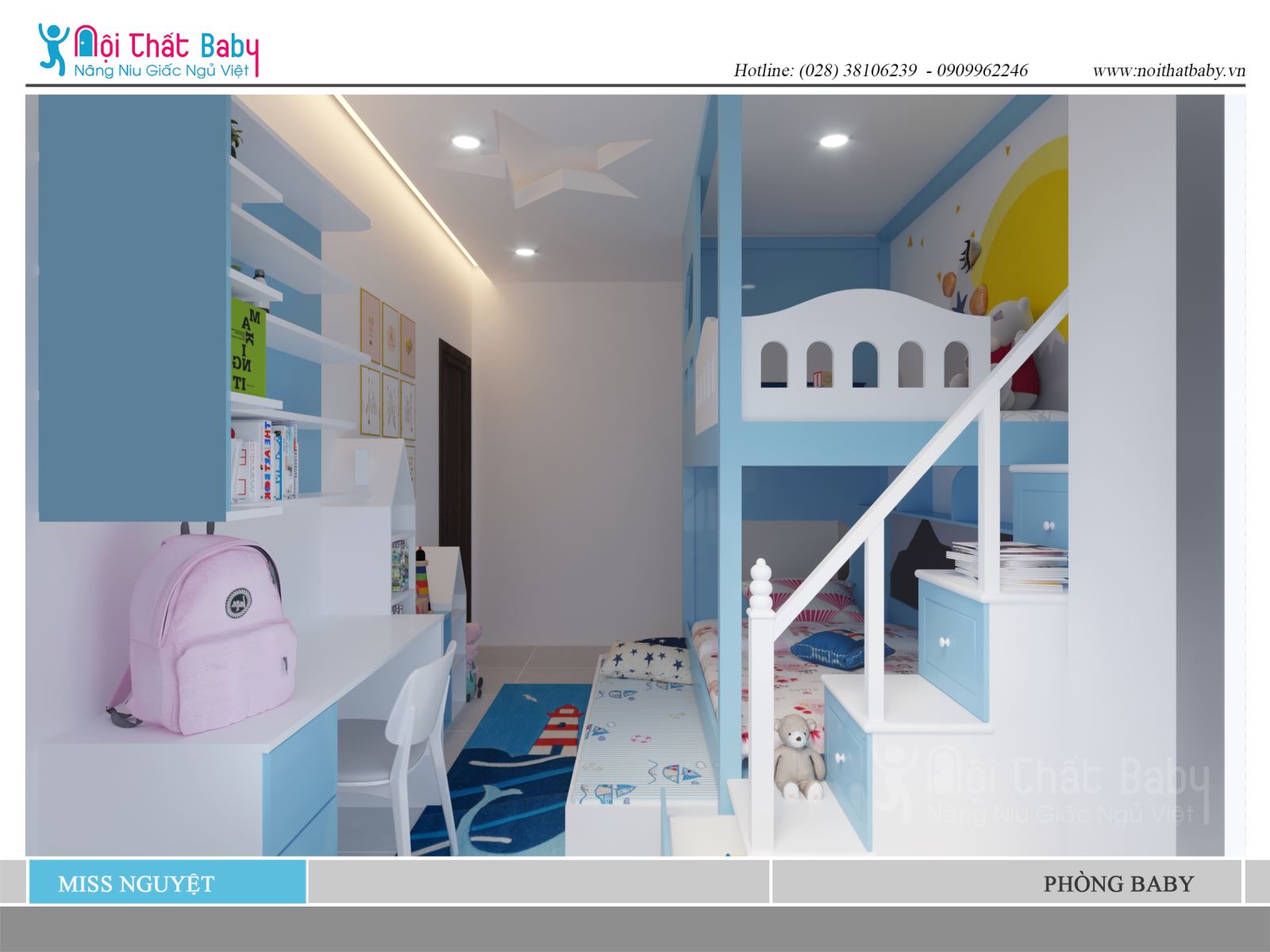 Giường tầng trẻ em màu xanh tươi mát